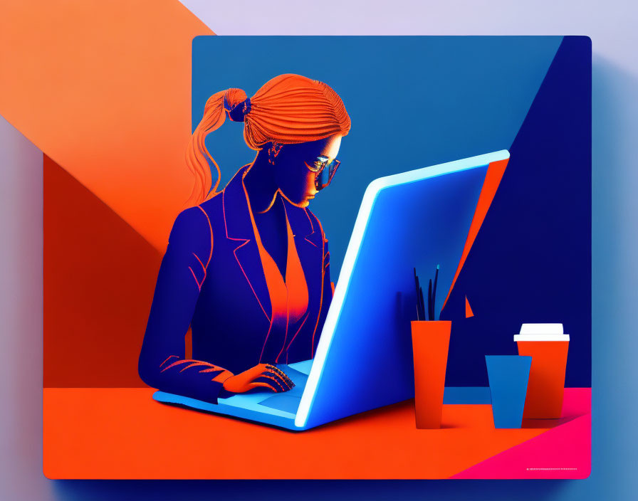 Illustration of woman with ponytail and glasses working at desk with laptop, mug, and stationery