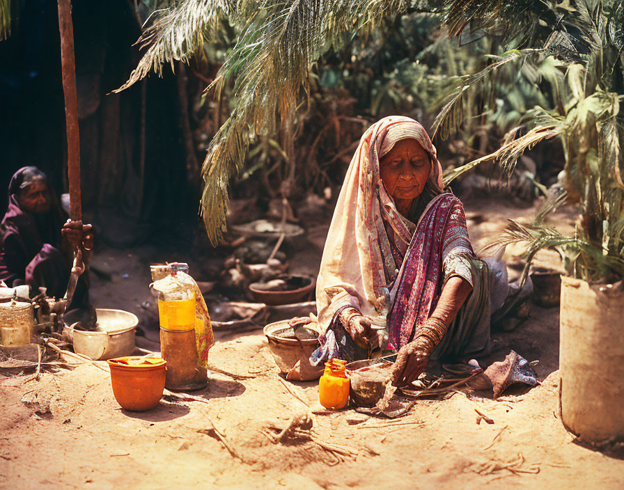 Elderly woman in traditional attire surrounded by pots and a man in the background