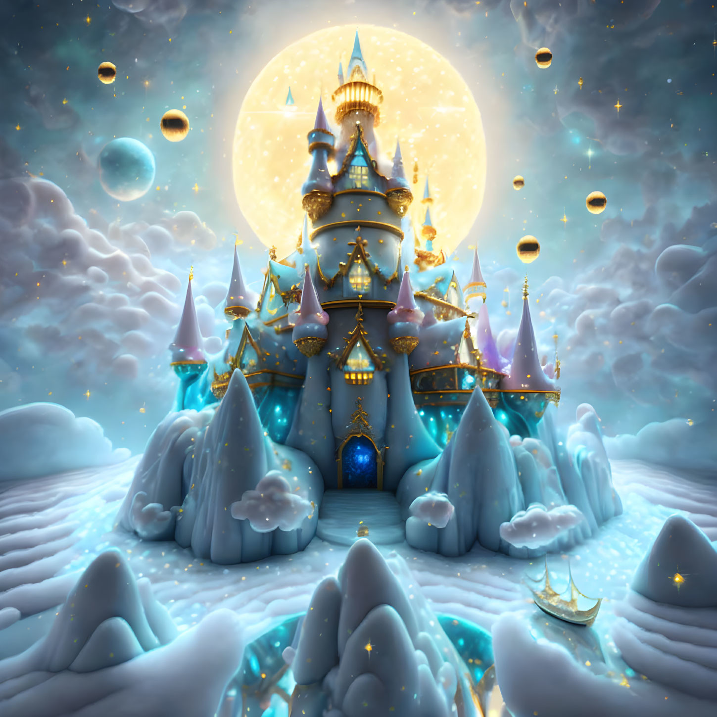 Castle with spires under moonlight in snowy landscape