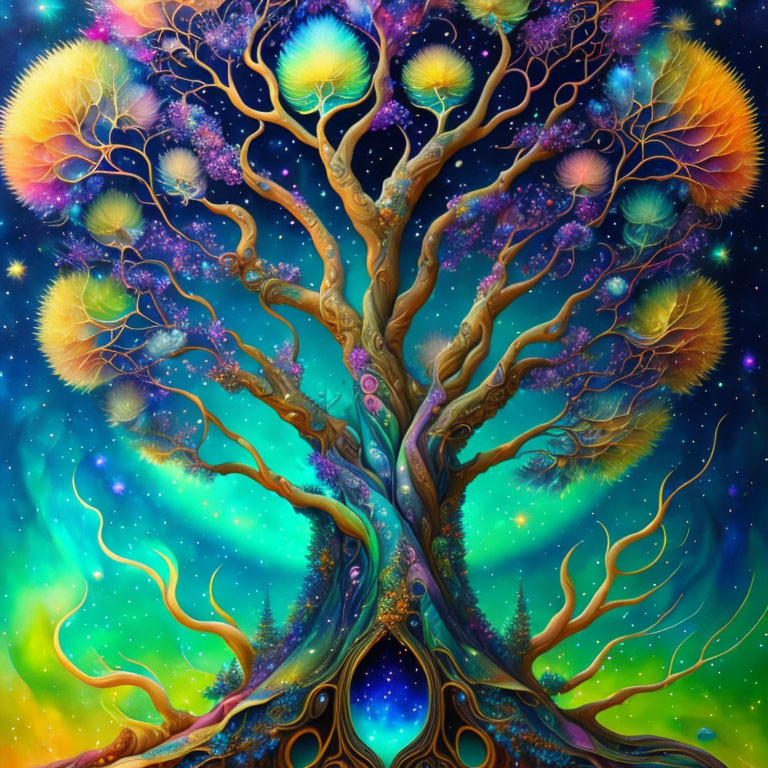 Fantastical tree with vibrant colors under starry sky