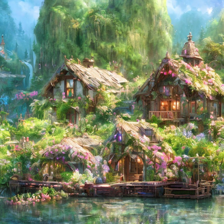 Picturesque fantasy village with thatched-roof houses and colorful flowers in lush green setting