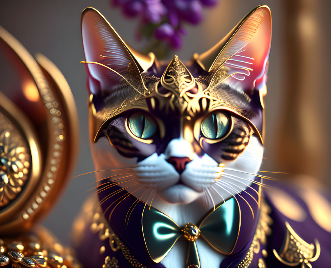 Regal cat with blue eyes, golden tiara, bow tie, and ornaments.