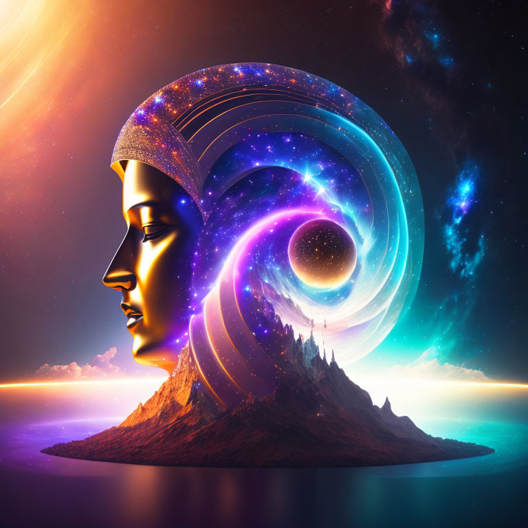 Surreal artwork: mountain landscape, woman's profile, cosmic elements