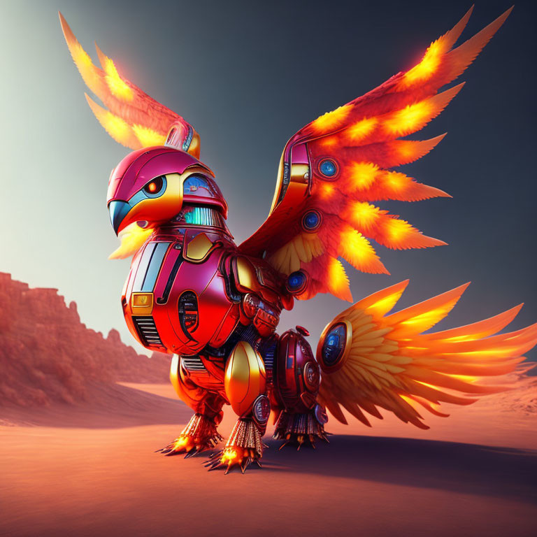 Mechanical bird with fiery wings in desert landscape