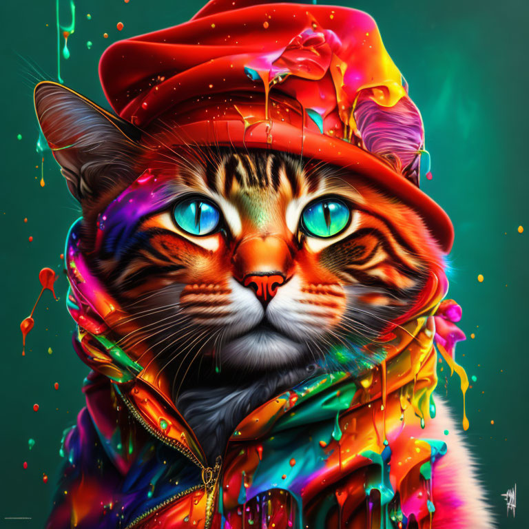 Colorful Digital Artwork: Cat with Blue Eyes in Paint-Dripped Hat and Scarf