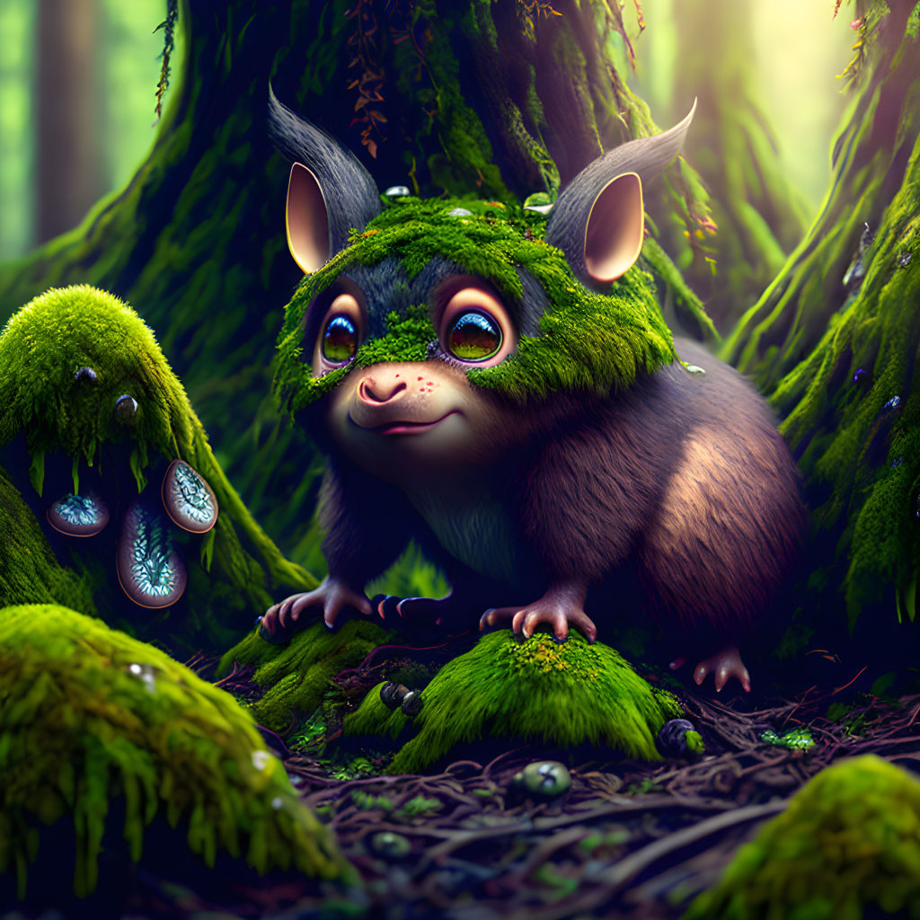 Illustration: Cute creature with rodent body and feline face in mossy forest