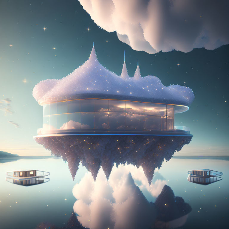 Surreal starry sky with floating islands and modern snow-topped building