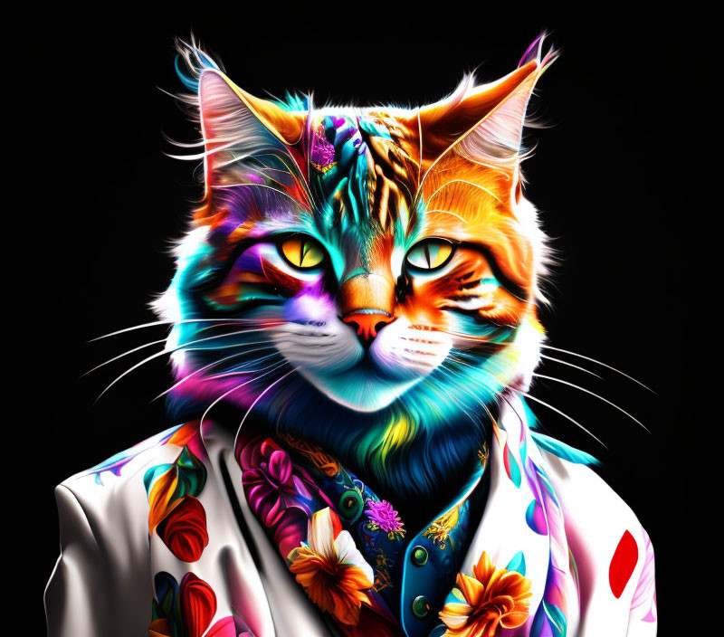 Colorful digital artwork: stern cat in floral shirt on black background