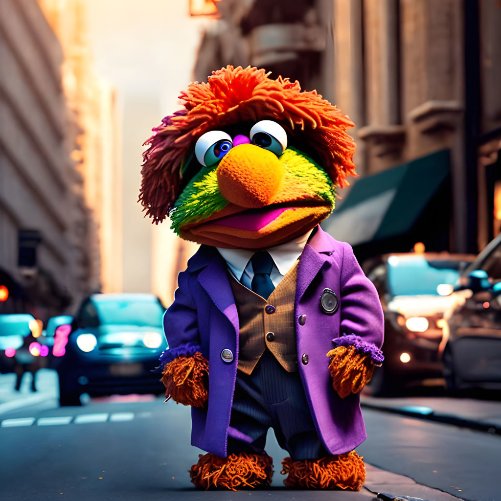 Purple-suited Plush Figure in City Street Scene