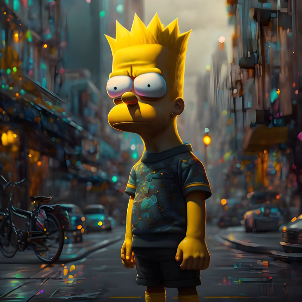 Cartoon character 3D rendering with spiky hair on rain-soaked street