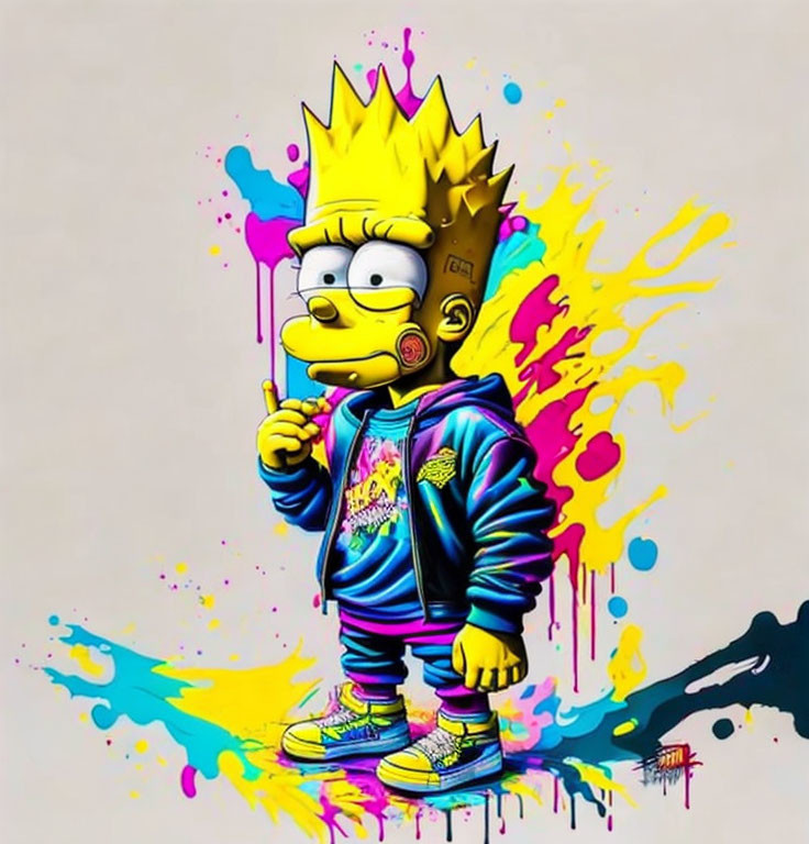Colorful Bart Simpson holding skateboard in vibrant paint splashes