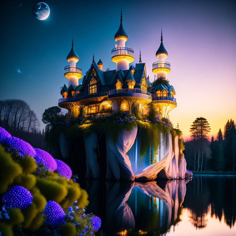 Enchanting fairy-tale castle on rock by tranquil lake at twilight
