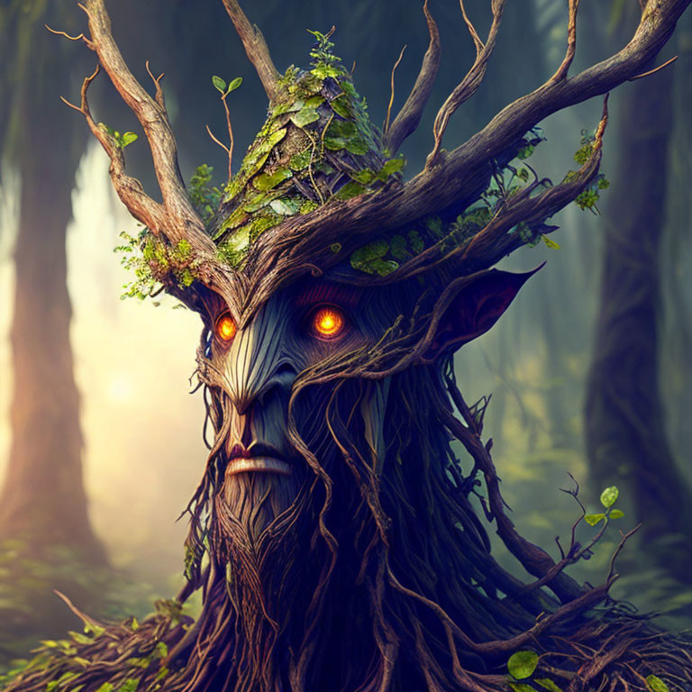 Fantasy illustration of tree-like humanoid creature in misty forest