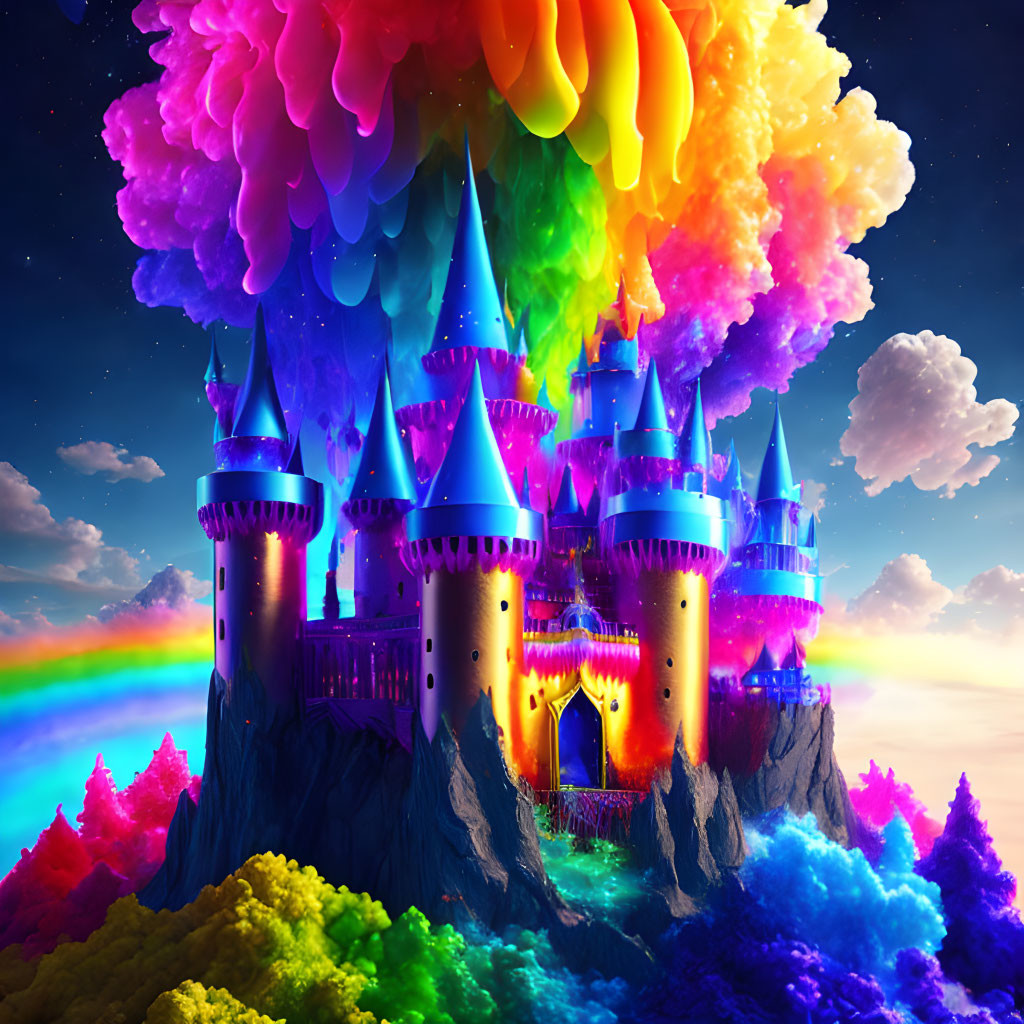 Fantasy castle on isolated rock with rainbow clouds, bridge, and colorful foliage.