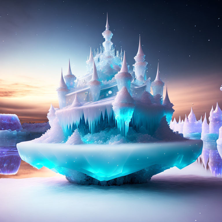 Fantastical floating ice castle under twilight sky with glowing inner light.