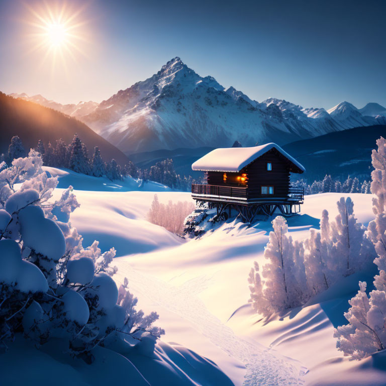 Snowy Mountain Landscape: Cozy Cabin on Stilts at Sunrise or Sunset