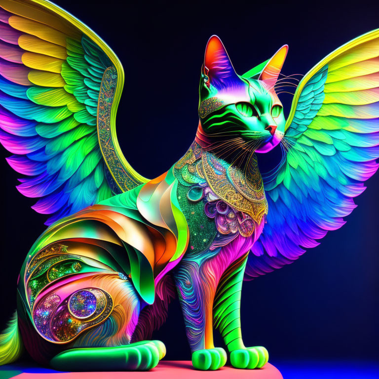 Vibrant winged cat digital artwork with intricate patterns