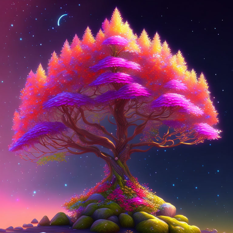 Colorful tree with pink and purple leaves under a starry twilight sky