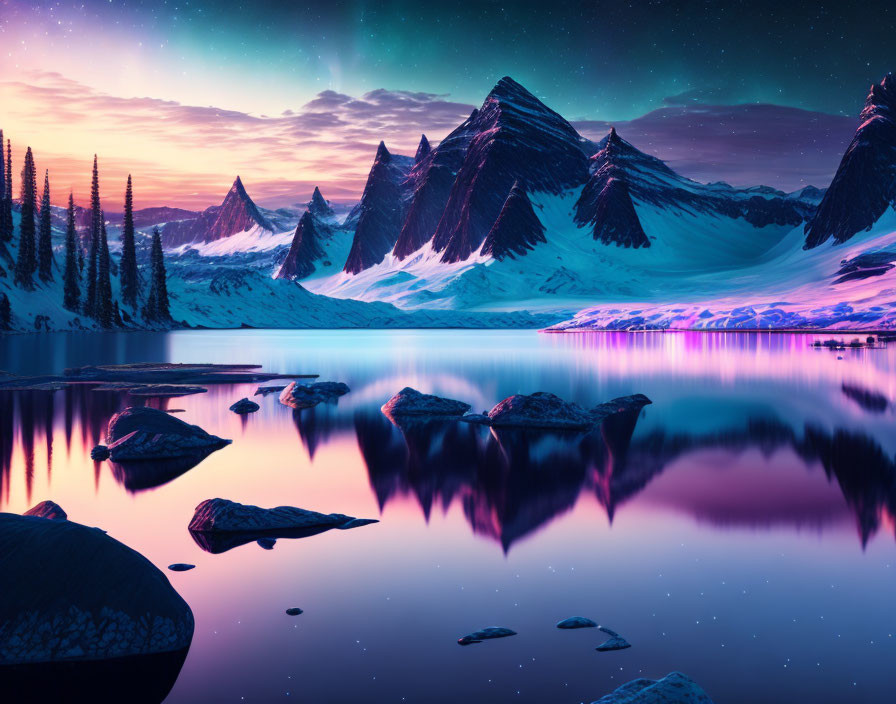 Snowy mountains under vibrant aurora sky reflected in calm lake