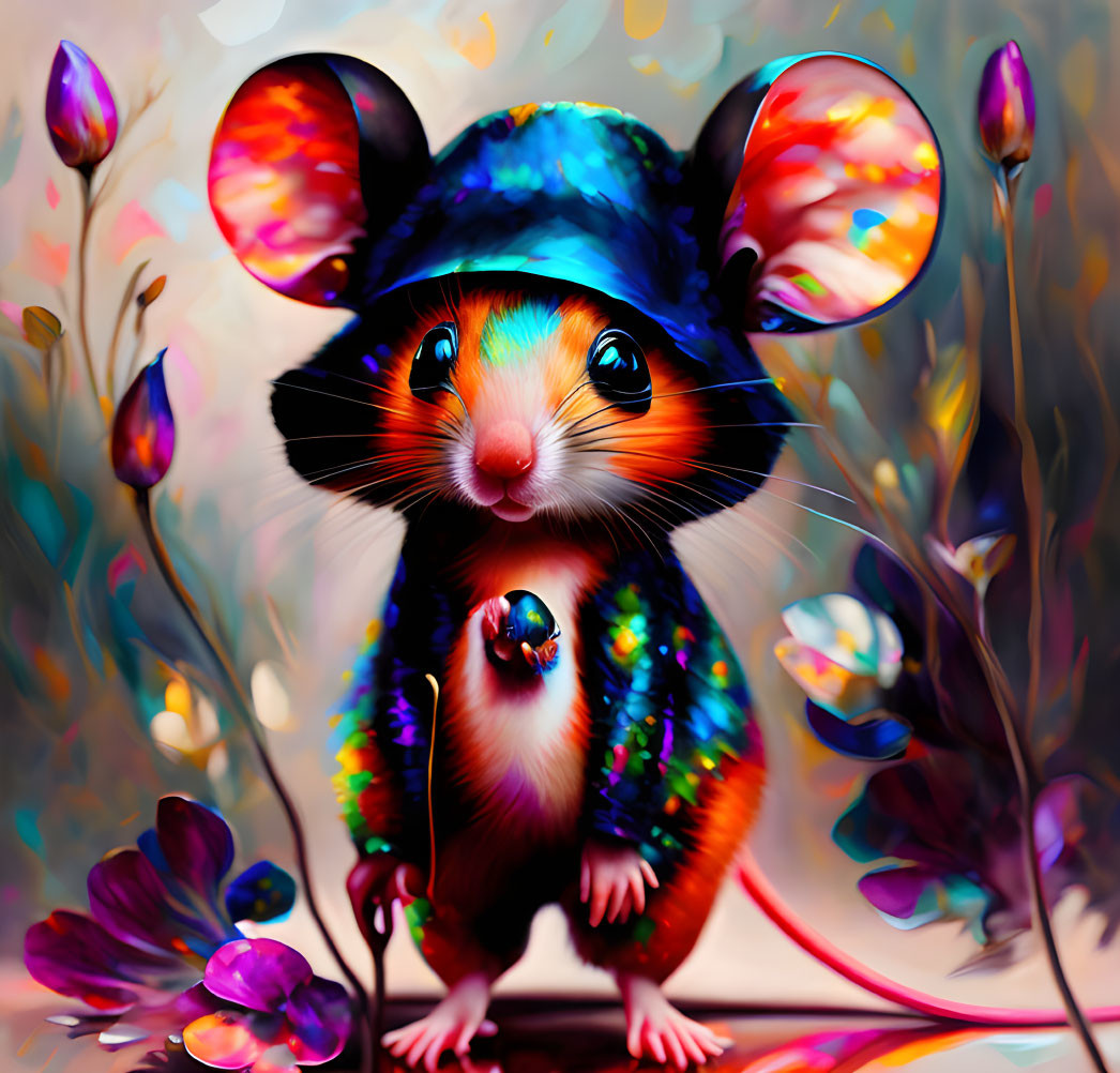 Colorful whimsical mouse in iridescent coat and hat among luminescent flora.