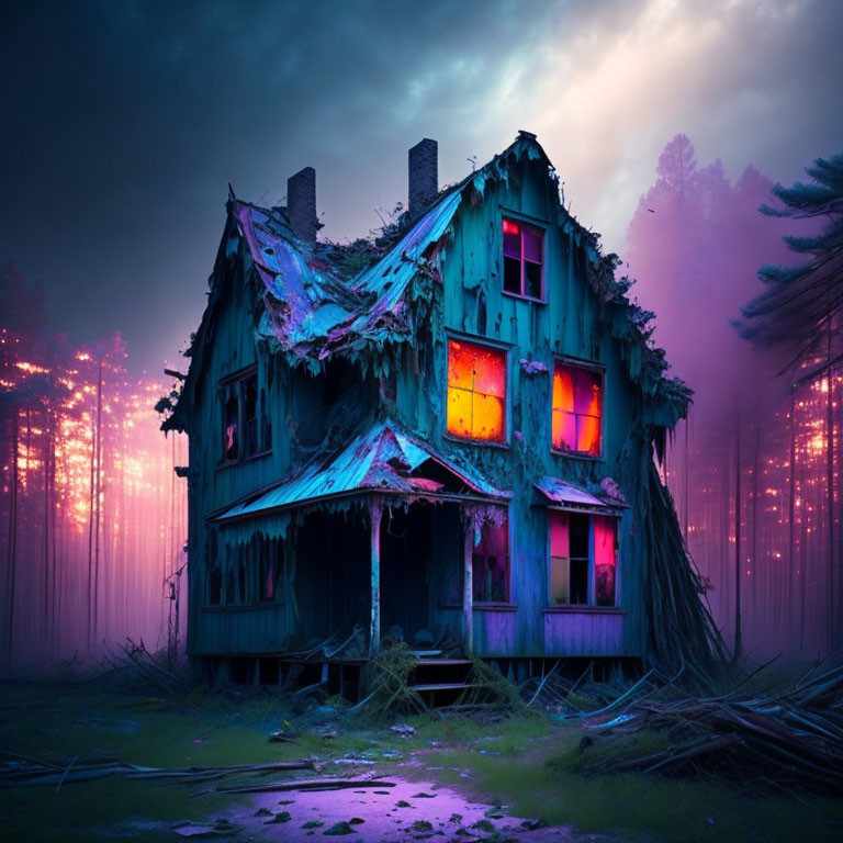 Abandoned two-story house in misty forest at twilight