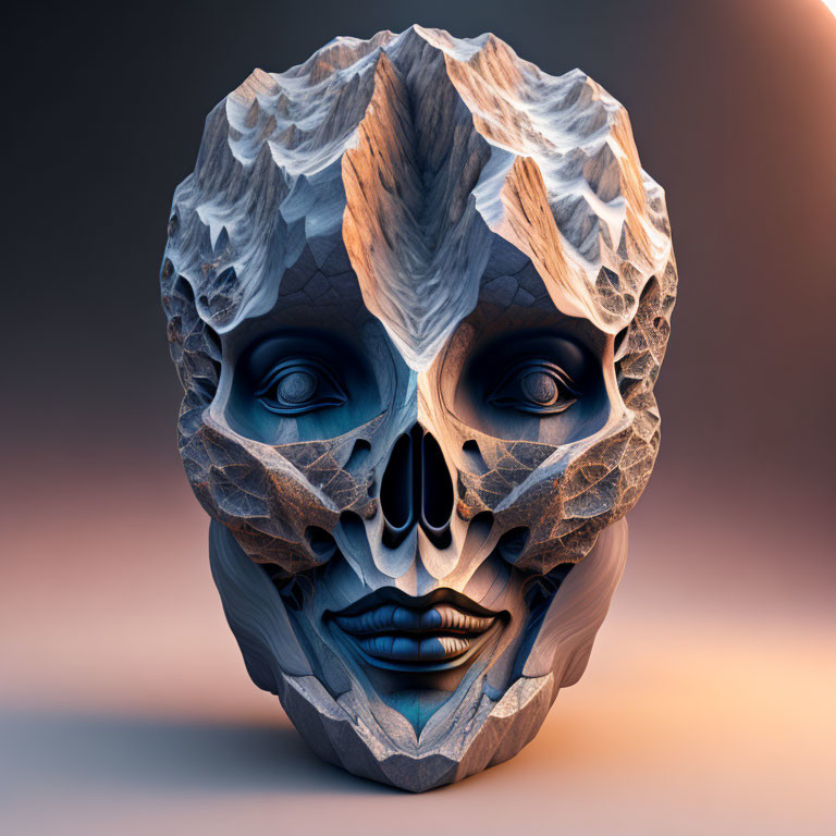 Symmetrical sculpted mask with rock-like textures and wooden elements