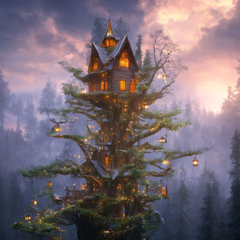 Whimsical treehouse with multiple gables in giant tree forest setting