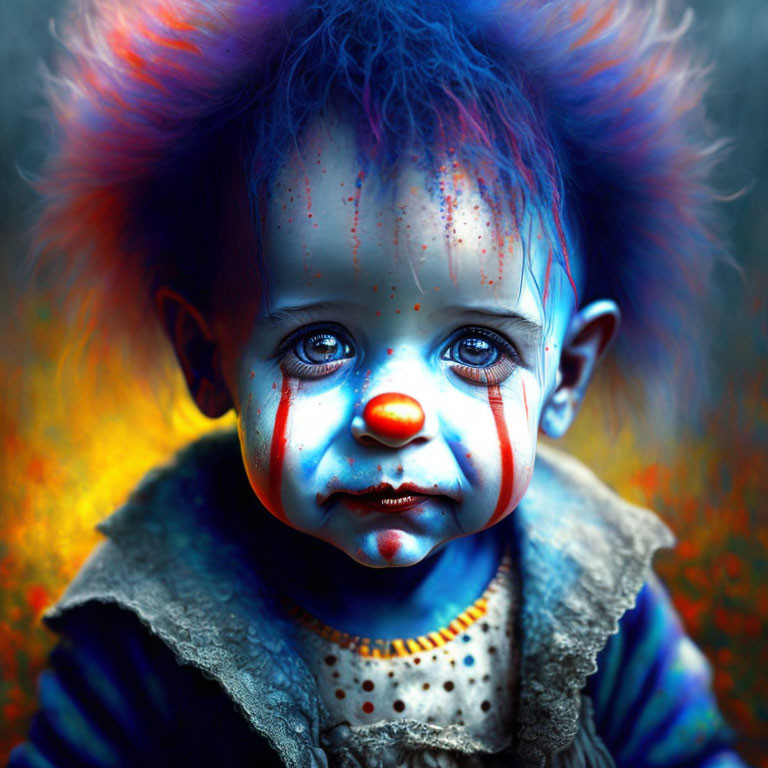 Vibrant baby portrait with blue skin and clown-like face paint