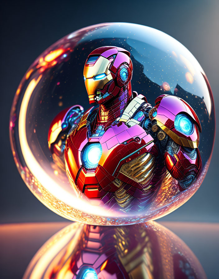 Superhero encased in crystal bubble, red and gold suit, glowing arc reactor.