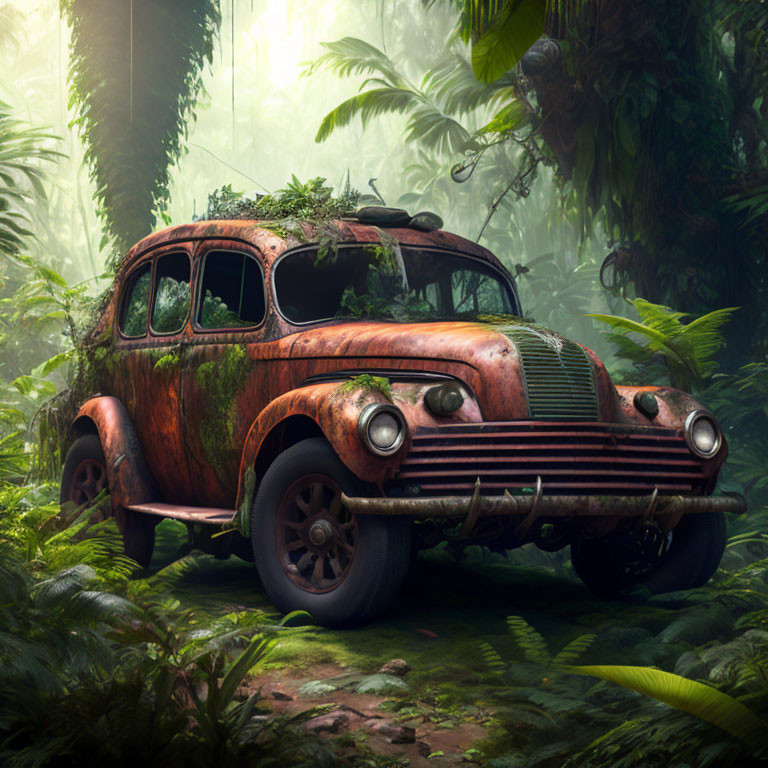 Abandoned rusty car covered in plants in foggy jungle