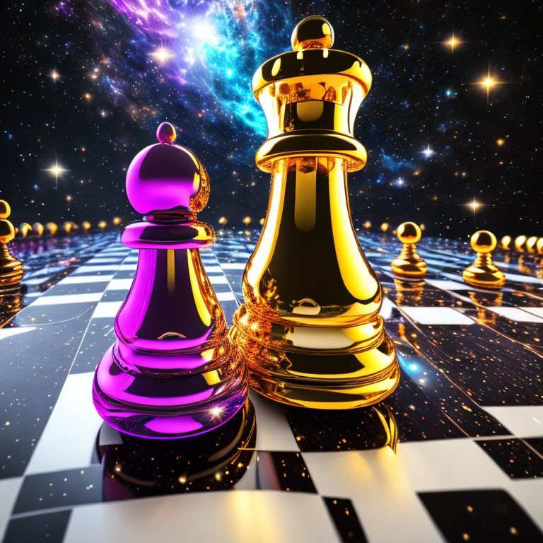 Chessboard with Black King, Black Pawn, and Cosmic Starry Background