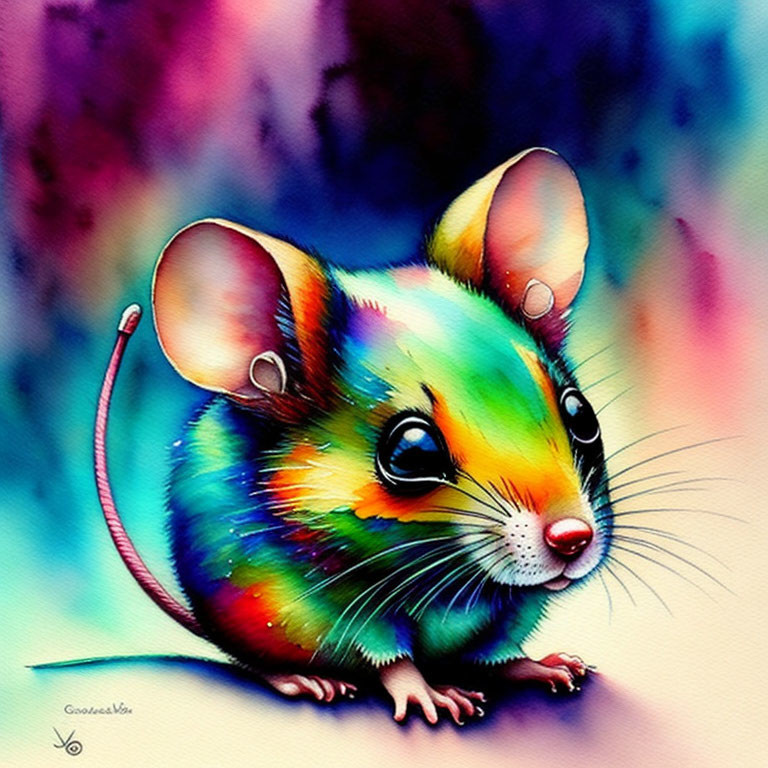 Vibrant rainbow-hued mouse painting with expressive eyes