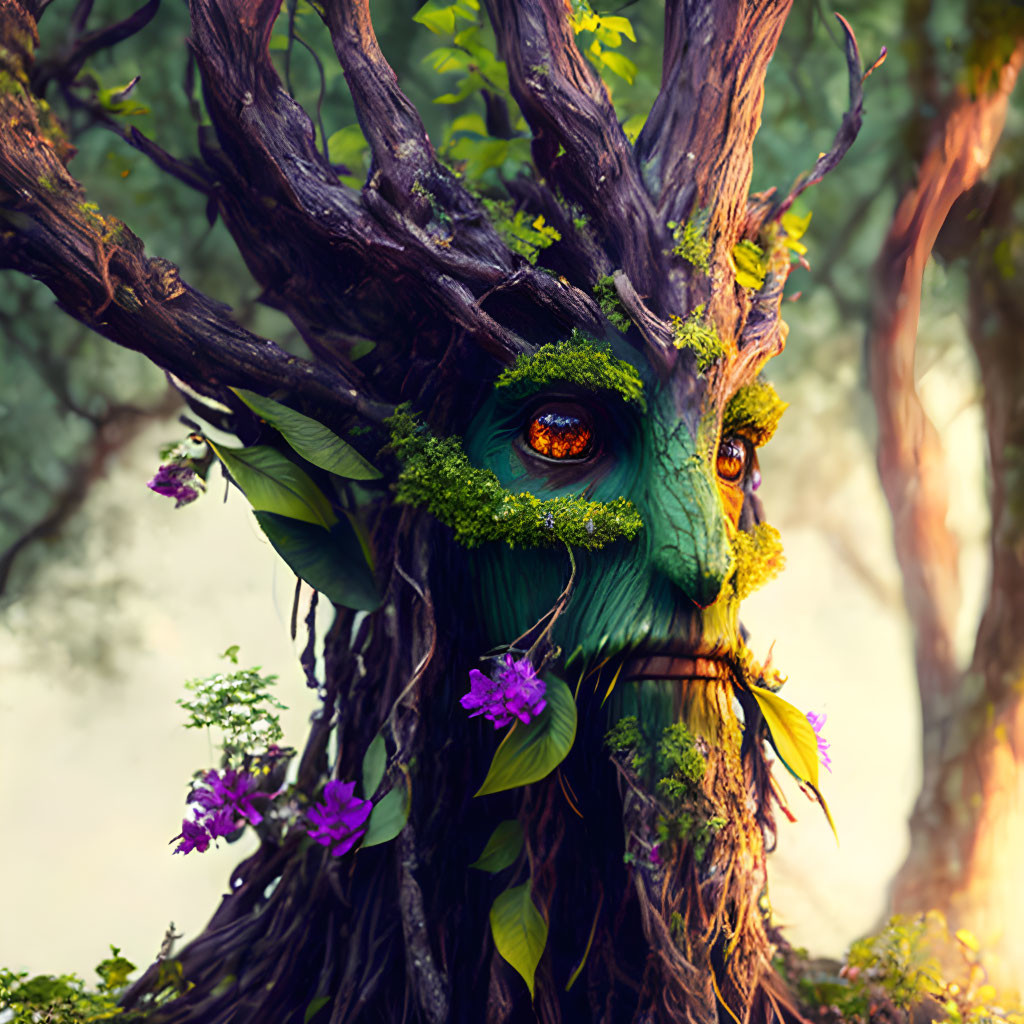 Tree with human-like face, orange eyes, moss hair, purple flowers