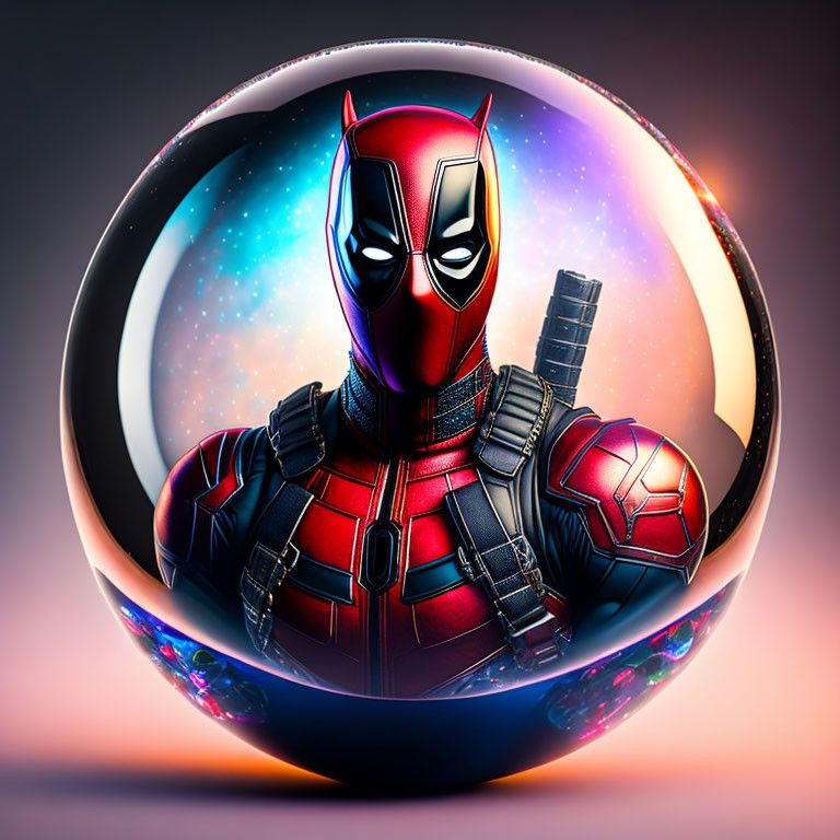 Character in Red and Black Costume in Reflective Sphere with Cosmic Background