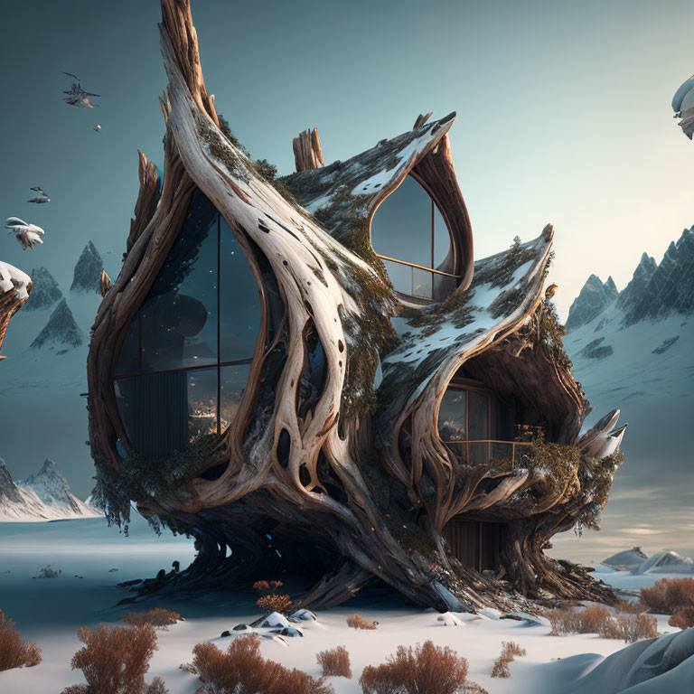 Swirling treehouse in snowy mountain landscape with flying birds