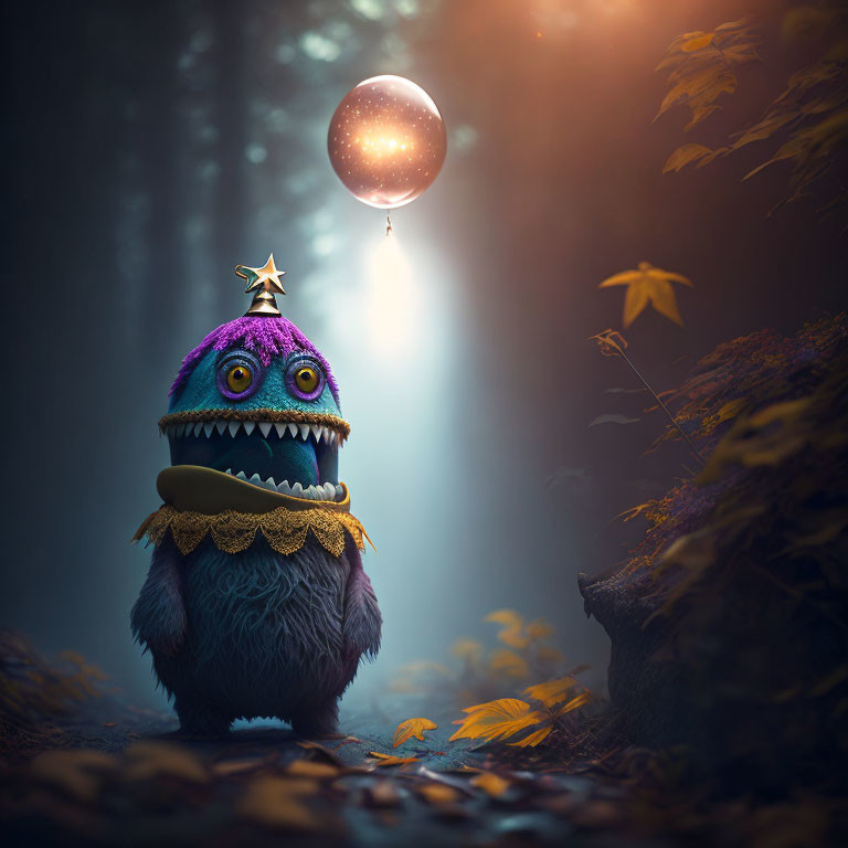 Whimsical creature with party hat and balloon in mystical forest setting