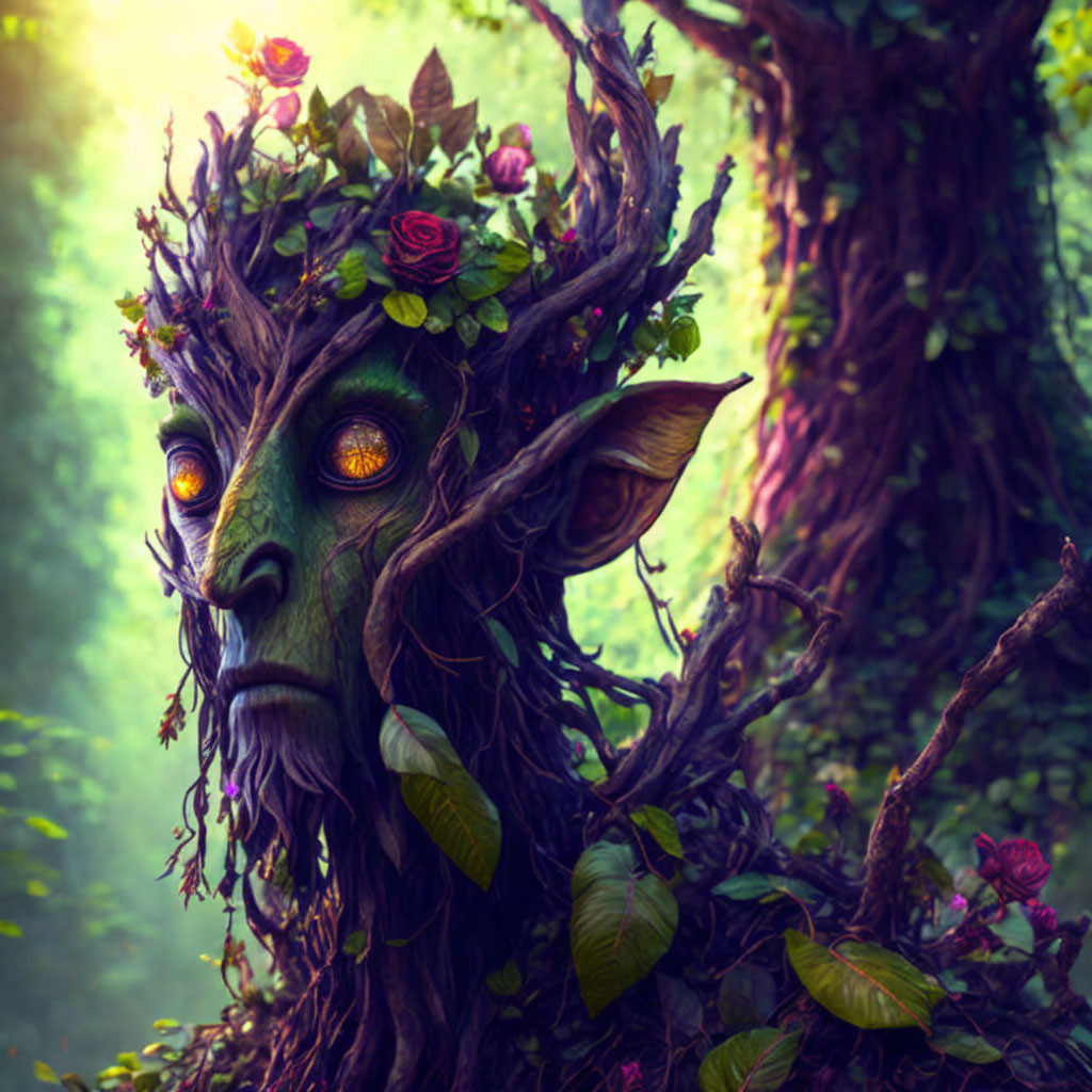 Fantastical tree creature with green skin and glowing eyes