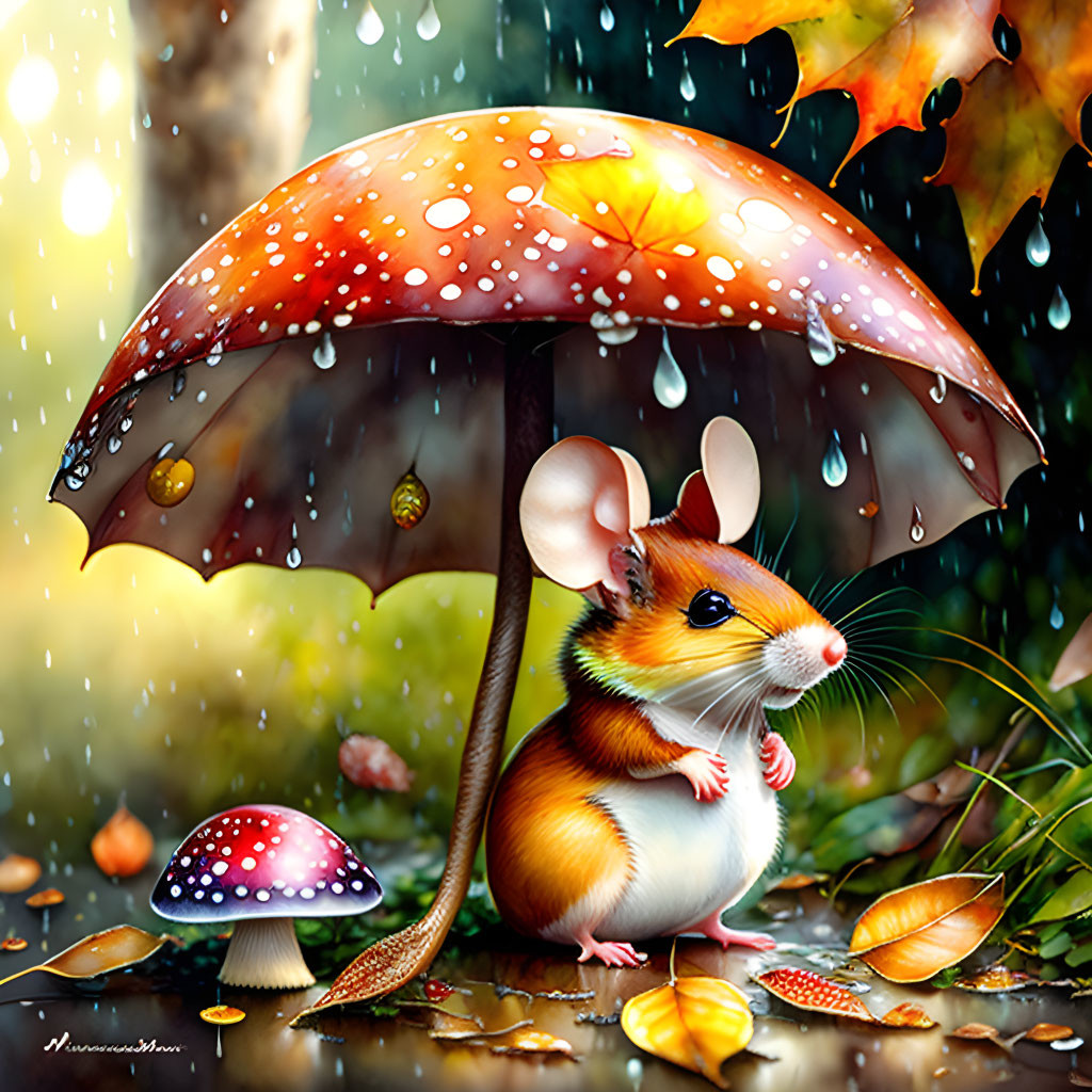 Colorful Autumn Scene: Cute Mouse under Red Mushroom Umbrella