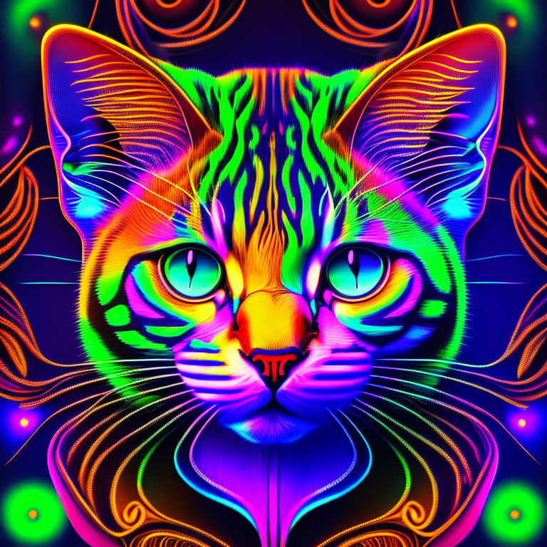 Colorful Cat Artwork with Neon and Psychedelic Patterns