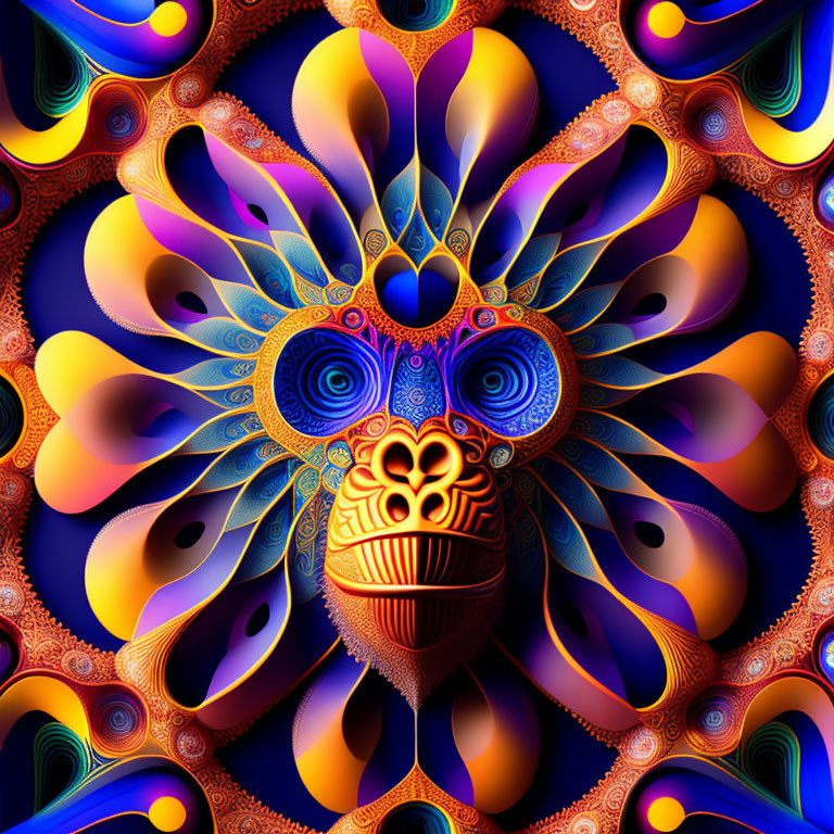 Colorful Psychedelic Digital Artwork with Tribal Mask Motif