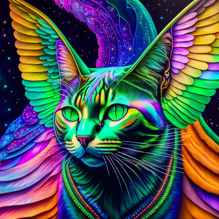 Colorful Psychedelic Cat Illustration with Rainbow Wings on Dark Background