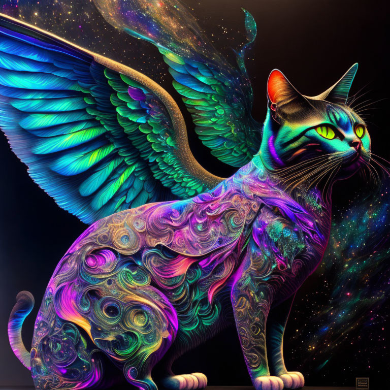 Colorful Winged Cat Illustration on Cosmic Background