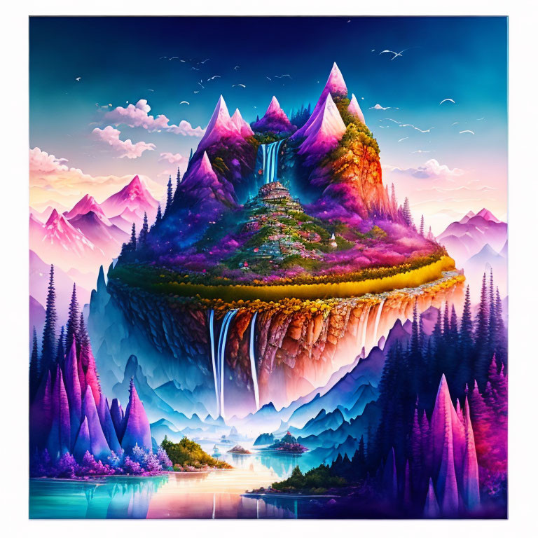 Surreal floating island with waterfalls above reflective lake