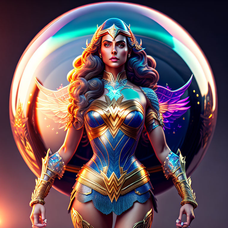 Female superhero digital artwork: tiara, armored suit, flowing hair, cosmic orb backdrop