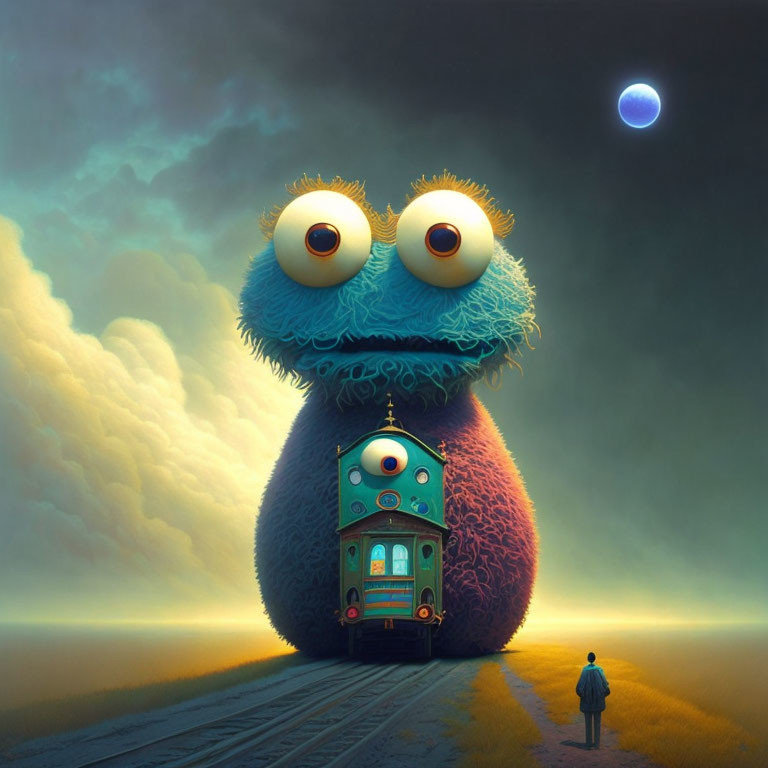 Fantastical image: Fuzzy creature with house-carrying train under twilight sky