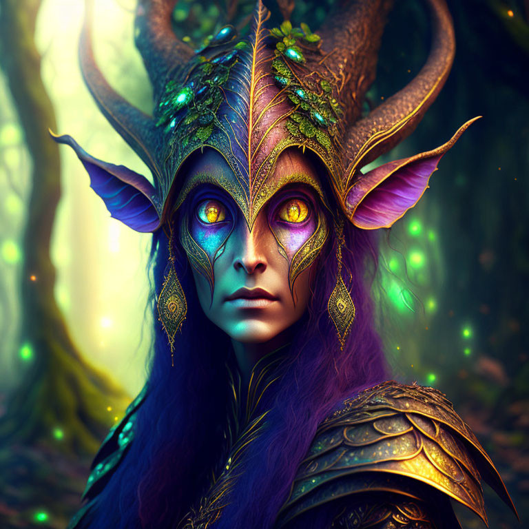 Fantasy portrait: Female character with purple skin, golden eyes, horned headpiece in mystical forest