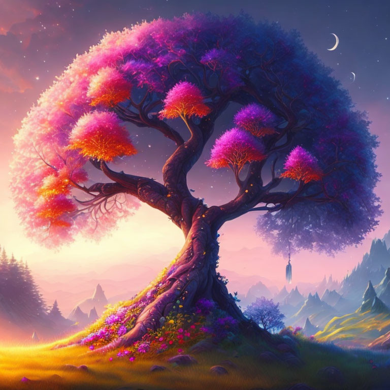 Colorful tree in mystical landscape at dusk with crescent moon, mountains, and lantern.