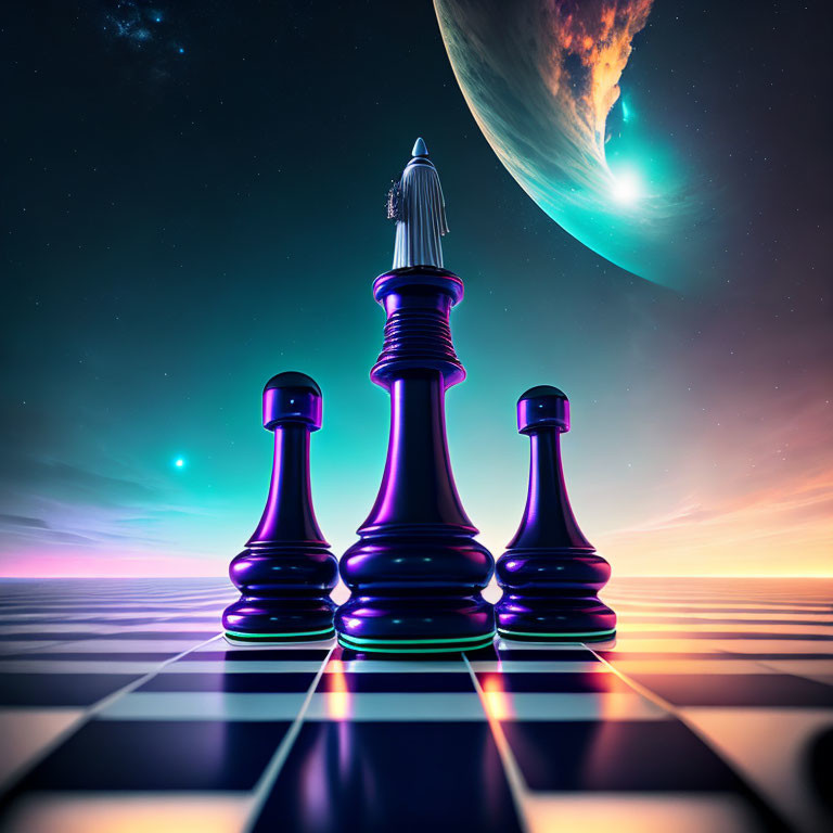 Chessboard with king, pawns, and cosmic sky with planet and stars.