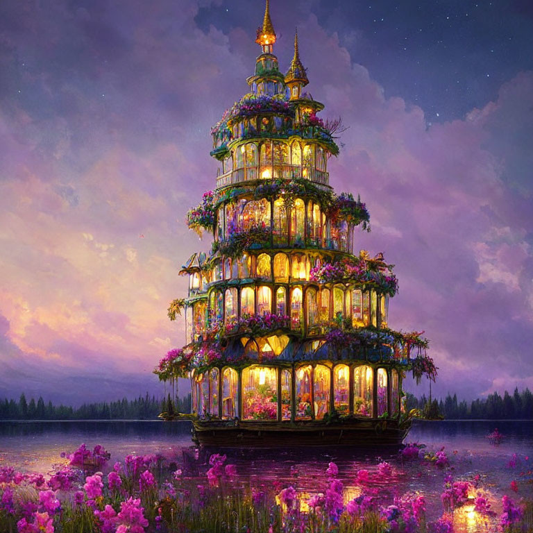 Vibrant flower-adorned pagoda in twilight sky by tranquil lake