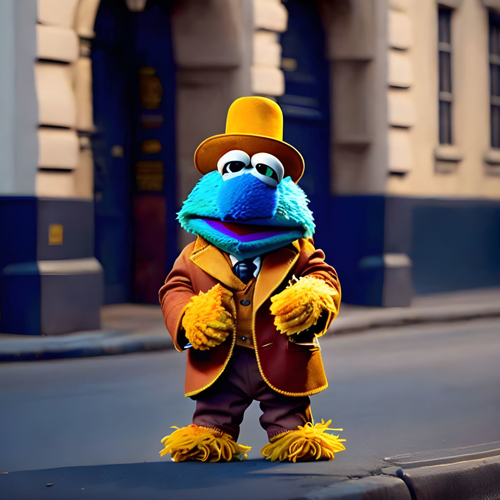 Colorful character with blue furry face in yellow hat and brown suit on city street